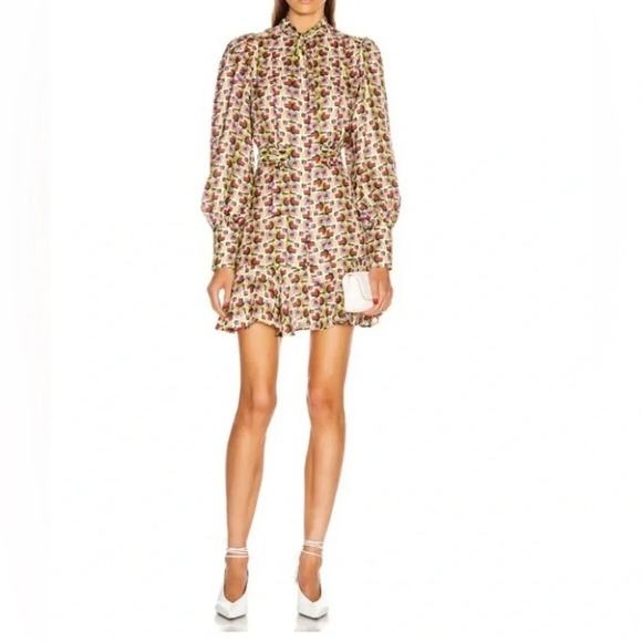 ALEXIS Dress Women’s Small Mirene Bronze Geo Neck Tie Bow Ruffle Hem Mini - Picture 4 of 12